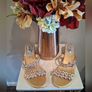 Gold and Rhinestone Dressy Low-heeled Sandels, Size 40 / 8.5